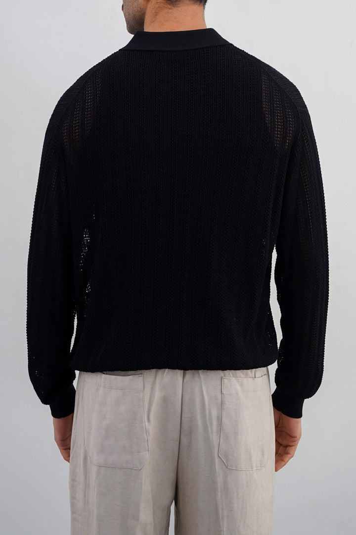 BLACK CROCHET KNIT POLO