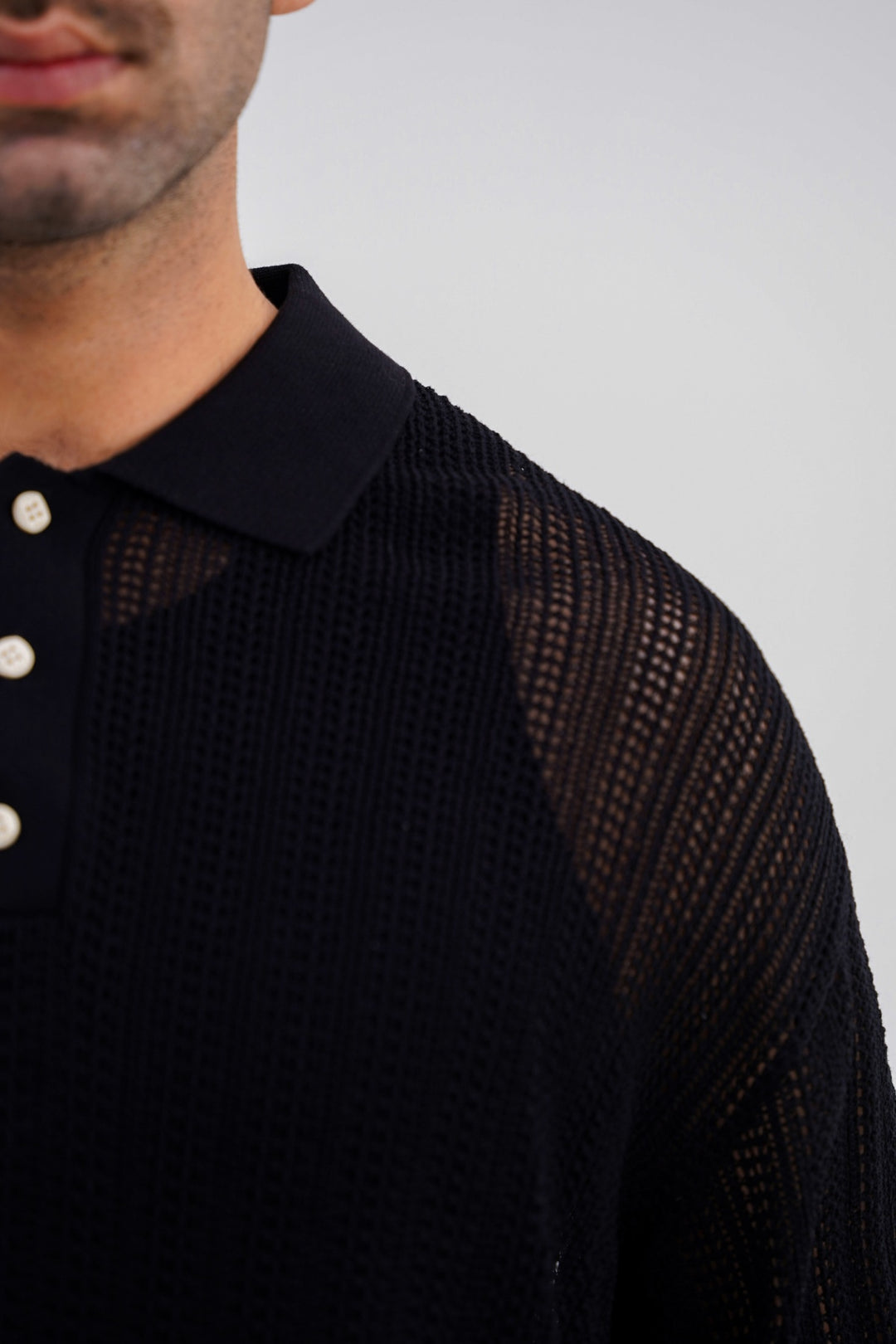 BLACK CROCHET KNIT POLO