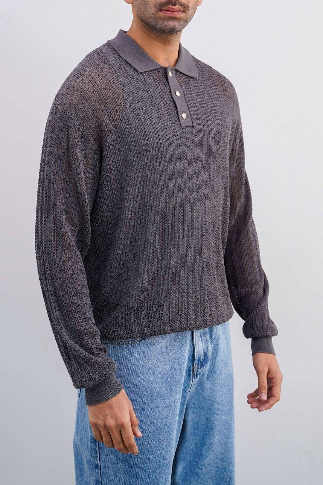 GREY CROCHET KNIT POLO