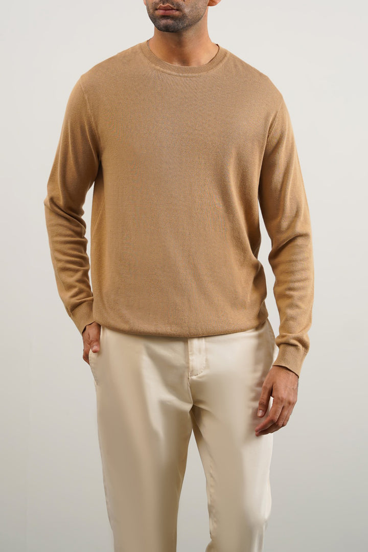 CAMEL LIGHT COTTON CREW JUMPER