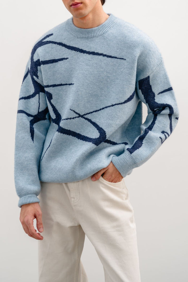 SKY BLUE JACQUARD ABSTRACT SWEATER