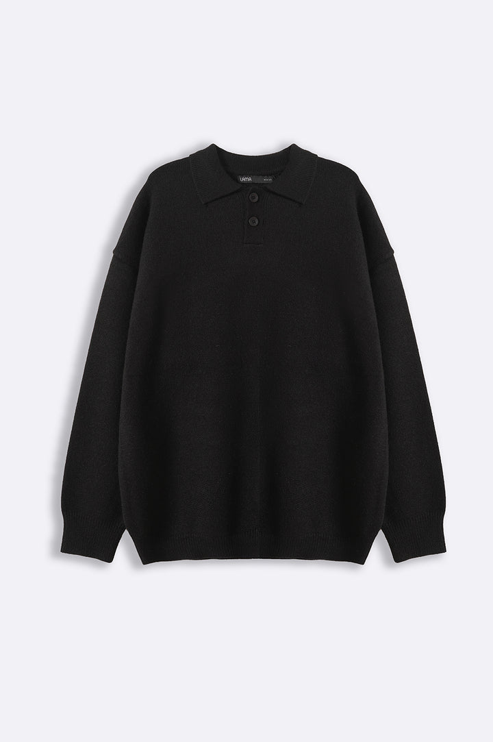 BLACK KNIT POLO SWEATER