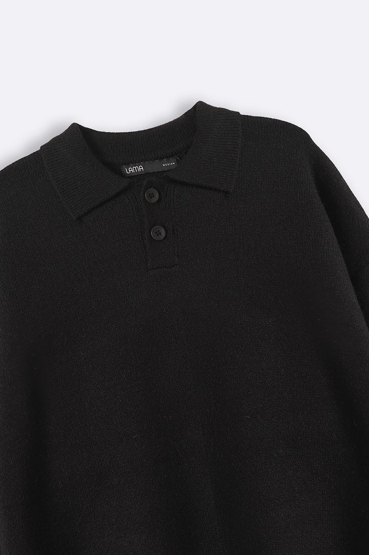 BLACK KNIT POLO SWEATER