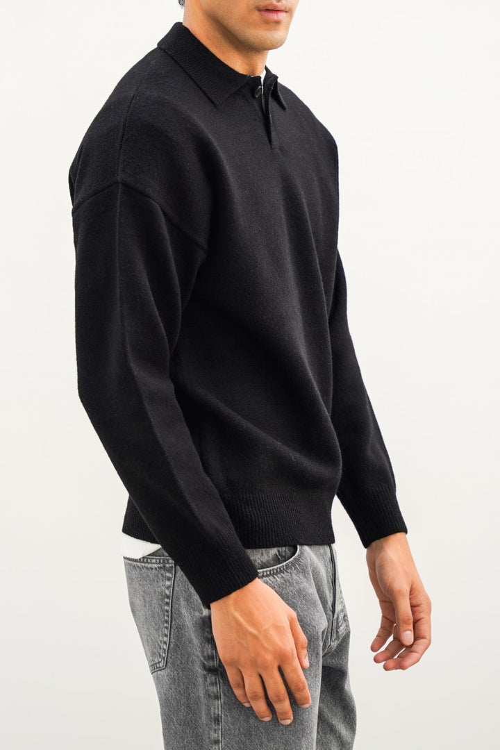 BLACK KNIT POLO SWEATER