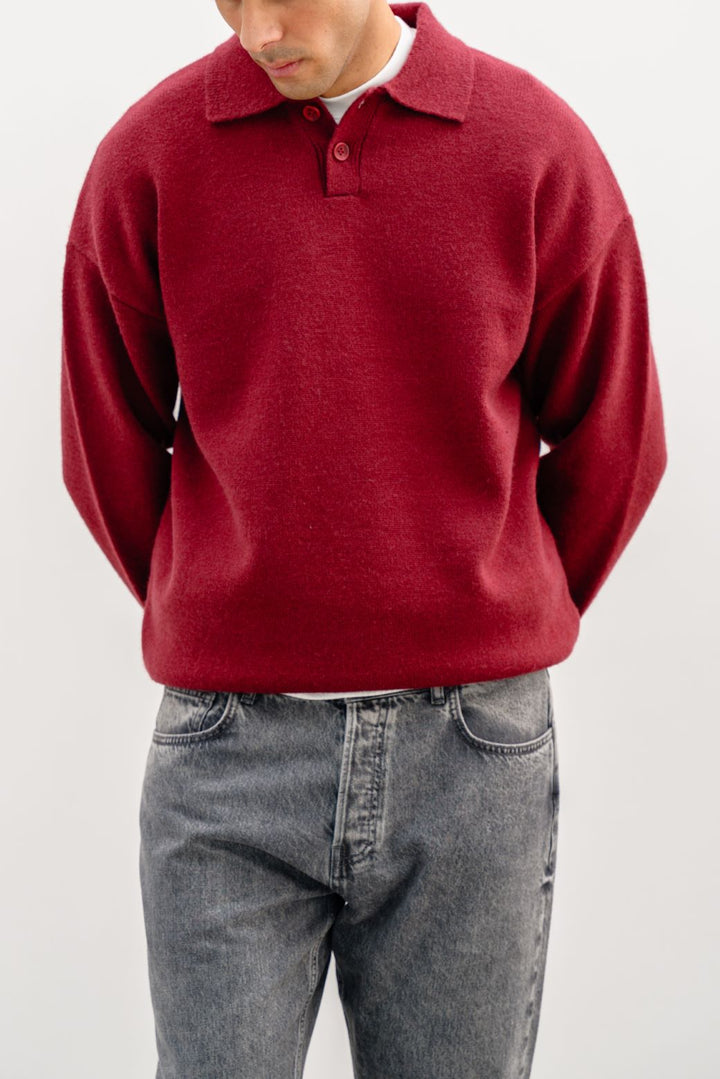 BURGUNDY KNIT POLO SWEATER