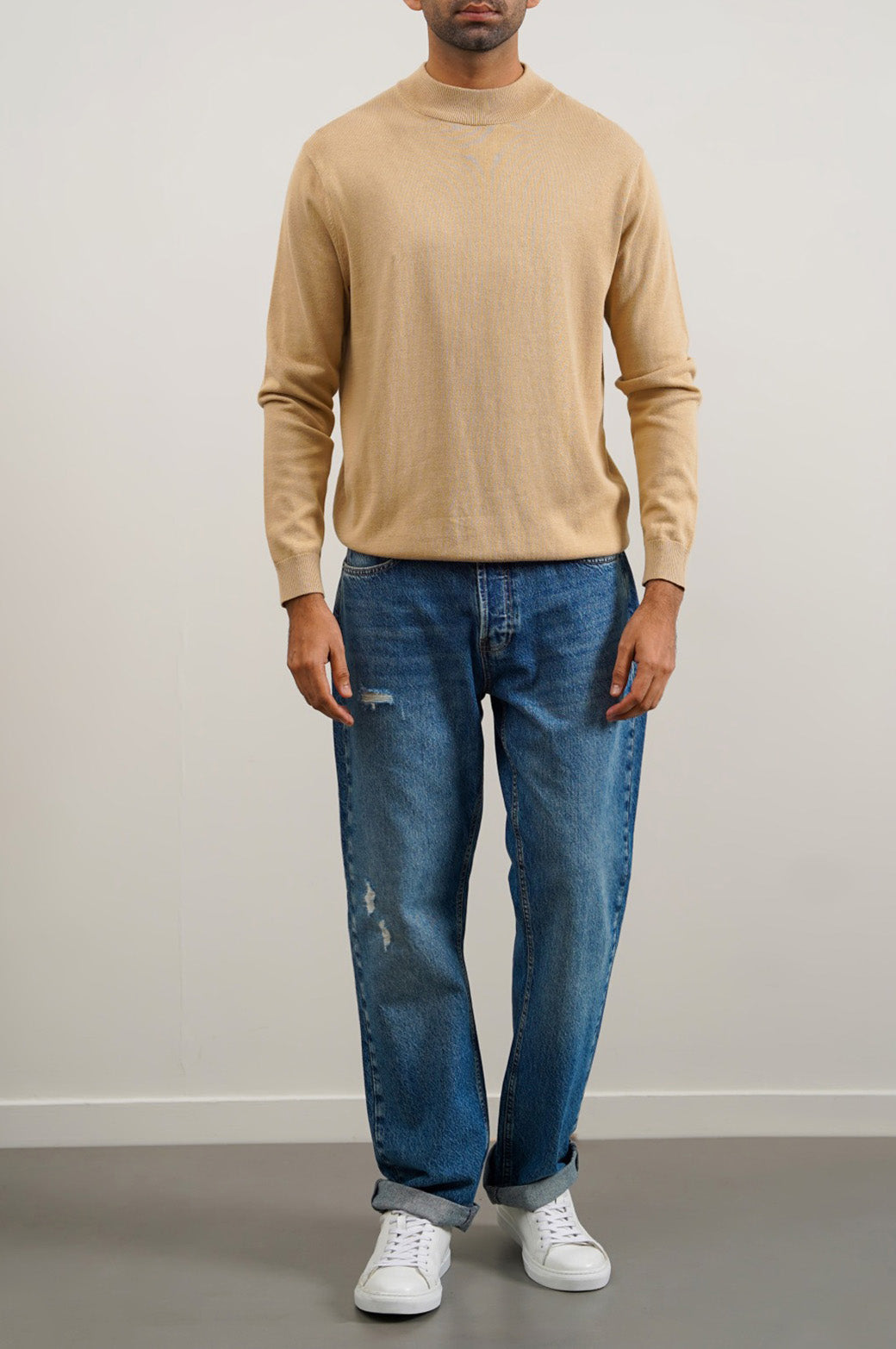 BEIGE COTTON HIGH-CREW JUMPER