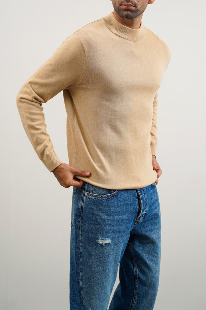 BEIGE COTTON HIGH-CREW JUMPER