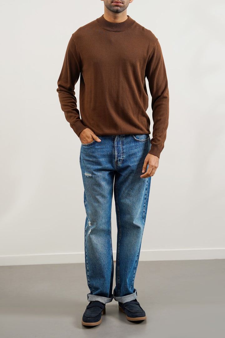 DARK BROWN COTTON HIGH-CREW JUMPER