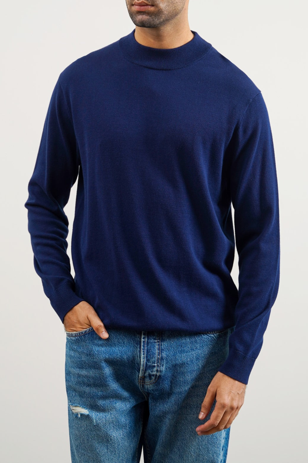 NAVY COTTON HIGH-CREW JUMPER