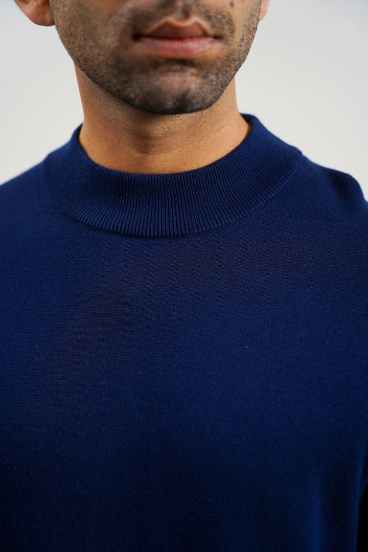 NAVY COTTON HIGH-CREW JUMPER