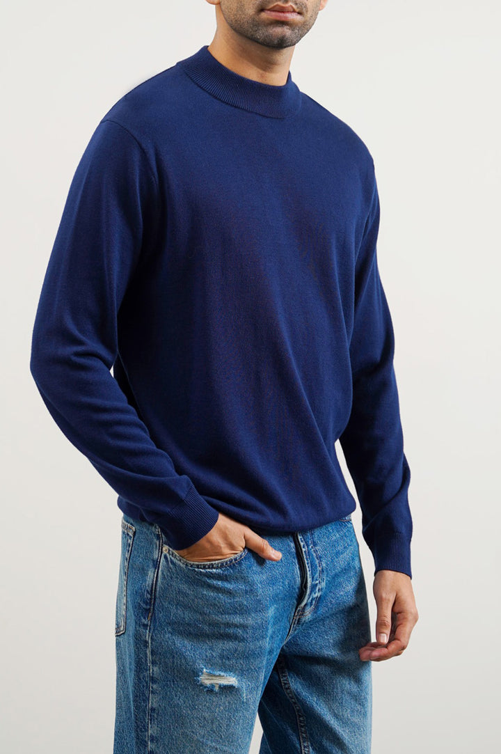 NAVY COTTON HIGH-CREW JUMPER