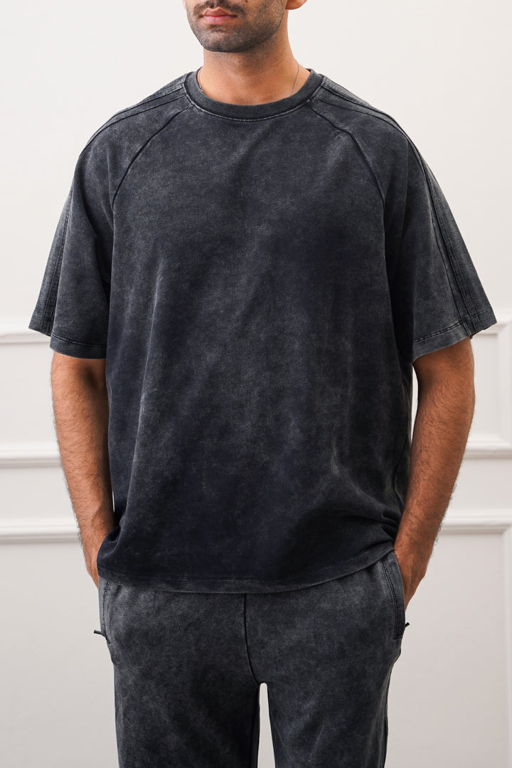 BLACK RANGLAN ACID WASHED TEE