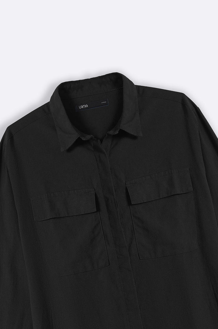 BLACK LINEN SHIRT WITH FLAP POCKETS