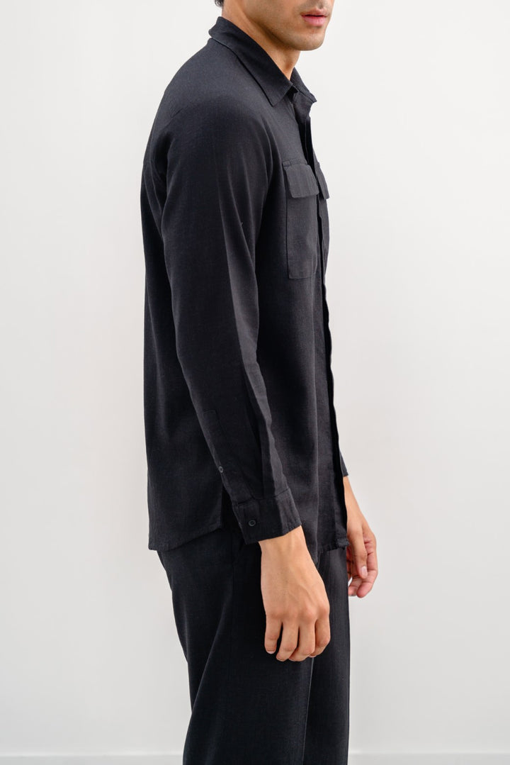 BLACK LINEN SHIRT WITH FLAP POCKETS