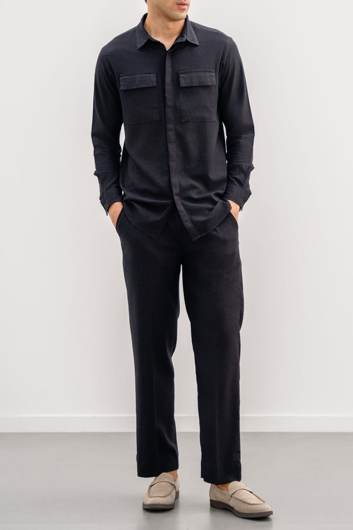 BLACK LINEN SHIRT WITH FLAP POCKETS