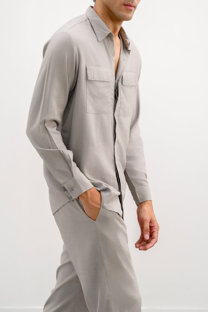 GREY LINEN SHIRT WITH FLAP POCKETS