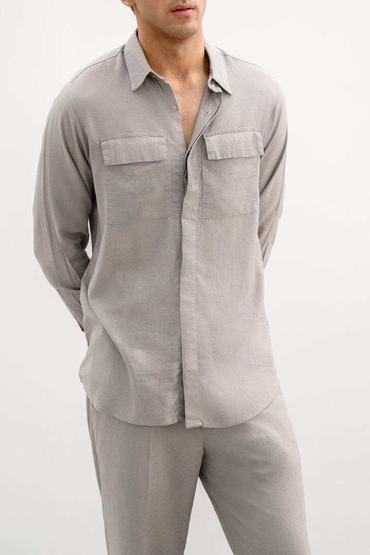 GREY LINEN SHIRT WITH FLAP POCKETS