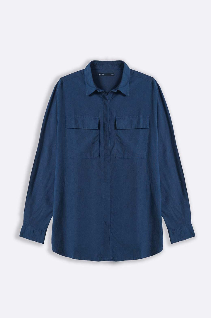 NAVY LINEN SHIRT WITH FLAP POCKETS