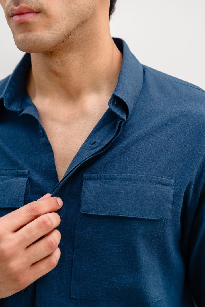 NAVY LINEN SHIRT WITH FLAP POCKETS