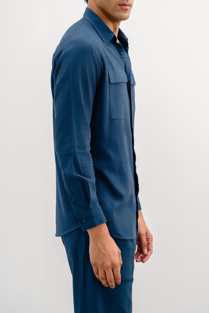 NAVY LINEN SHIRT WITH FLAP POCKETS