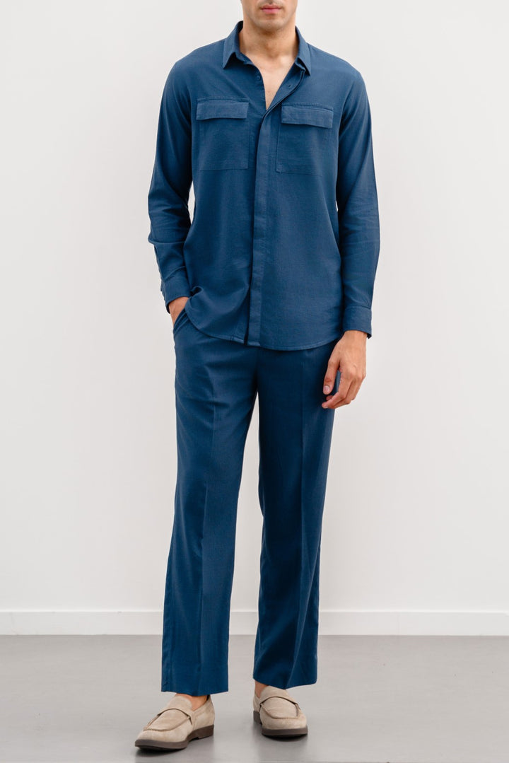 NAVY LINEN SHIRT WITH FLAP POCKETS