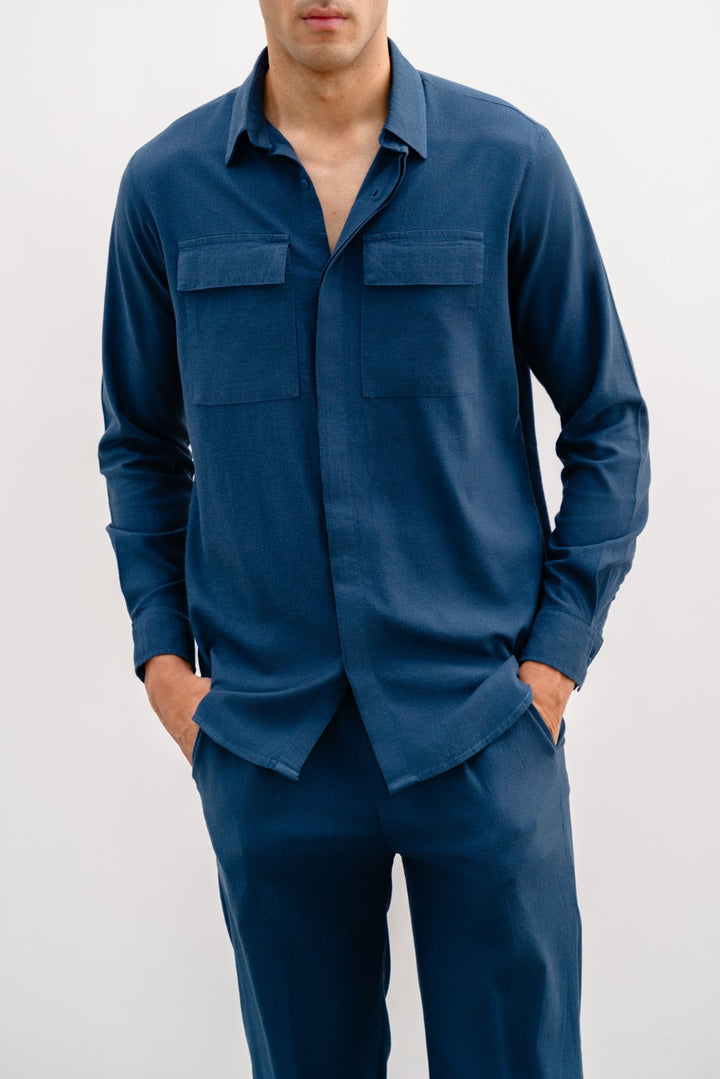 NAVY LINEN SHIRT WITH FLAP POCKETS