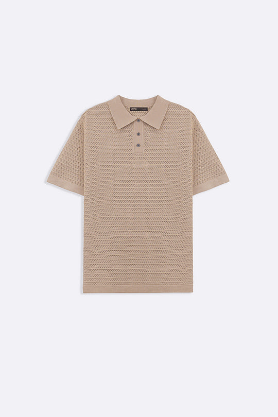BEIGE KNITTED MESH POLO
