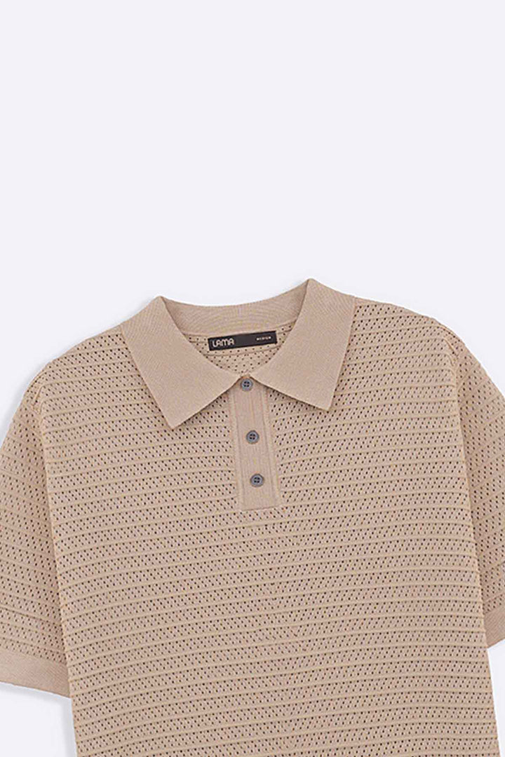 BEIGE KNITTED MESH POLO