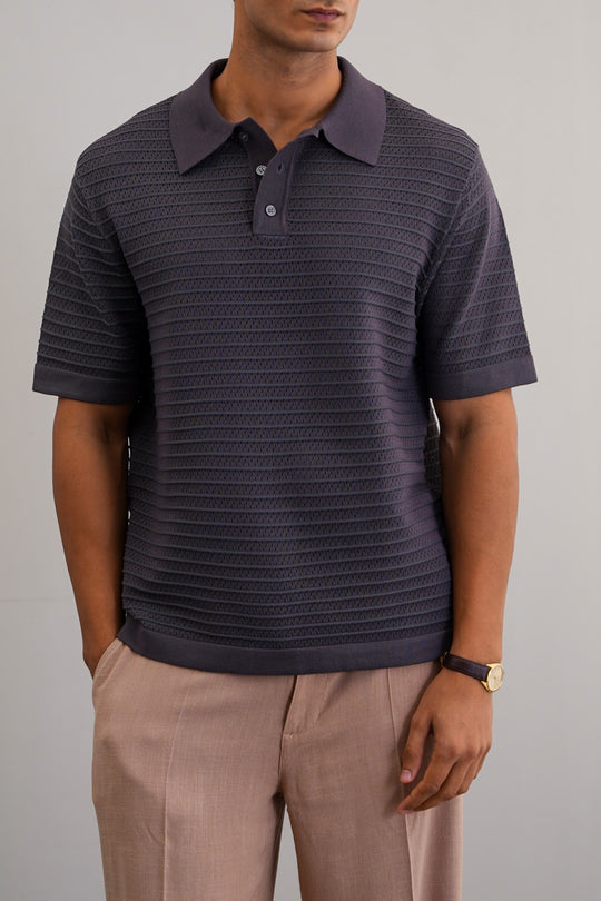 CHARCOAL KNITTED MESH POLO