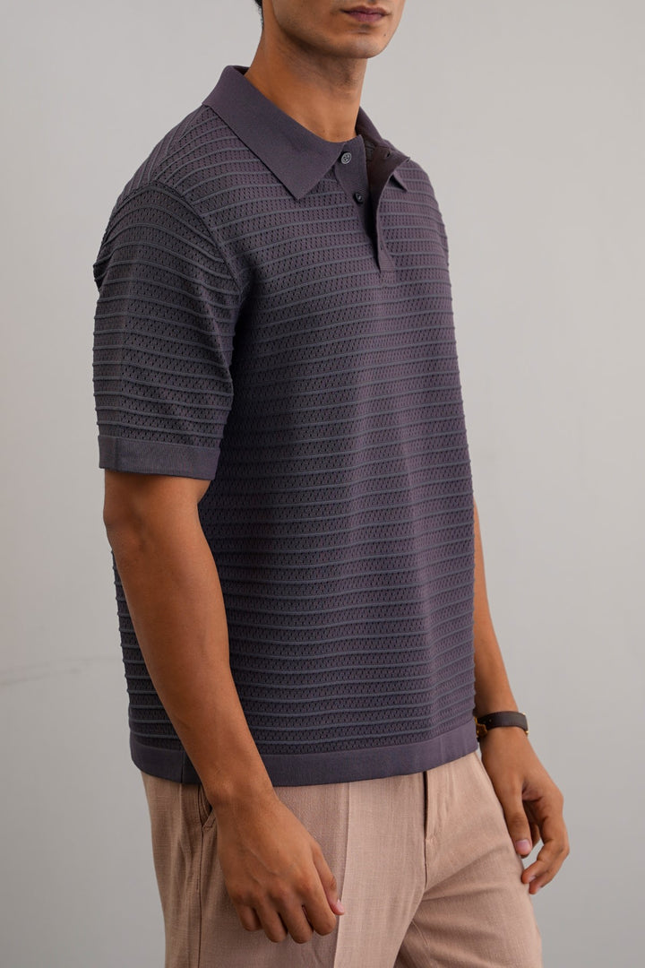 CHARCOAL KNITTED MESH POLO