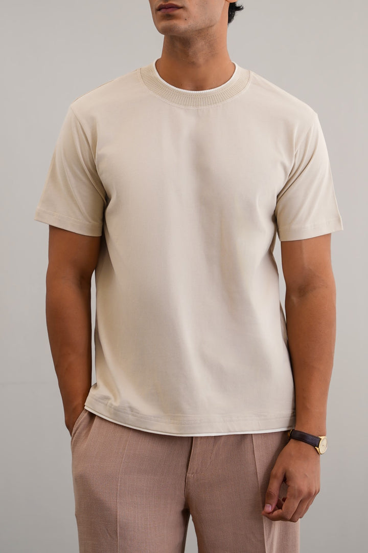 BEIGE JACQUARD RIB TEE
