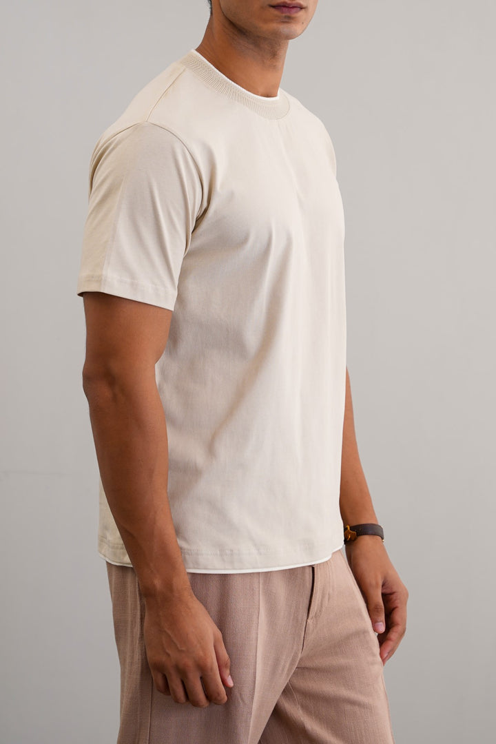 BEIGE JACQUARD RIB TEE