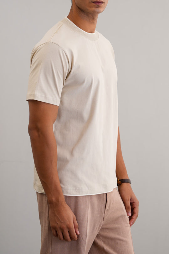 BEIGE JACQUARD RIB TEE