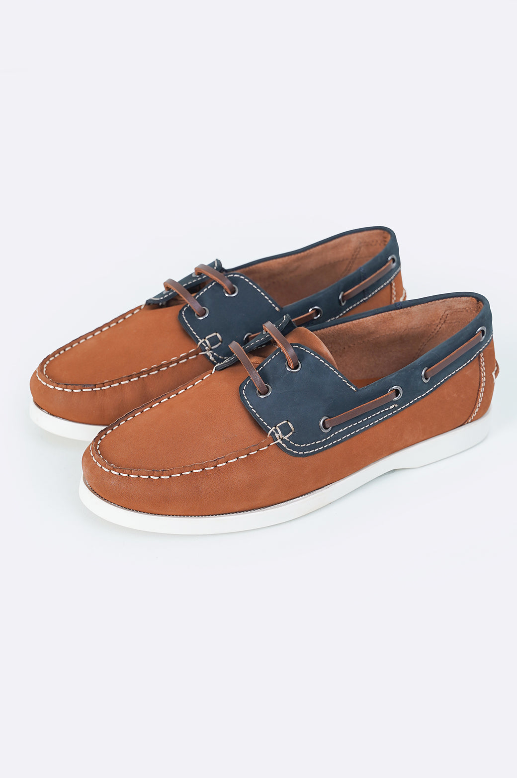 TAN BLUE CONTRAST LEATHER BOAT SHOES