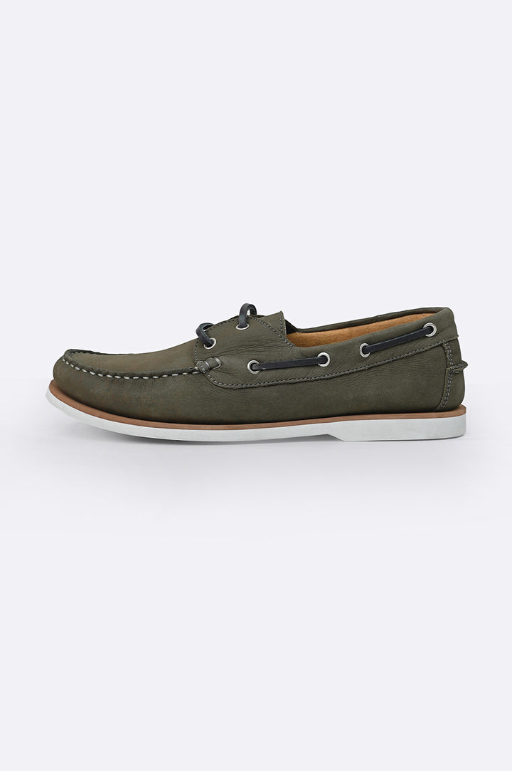 OLIVE BROWN TUMBLED LEATHER BOAT SHOES