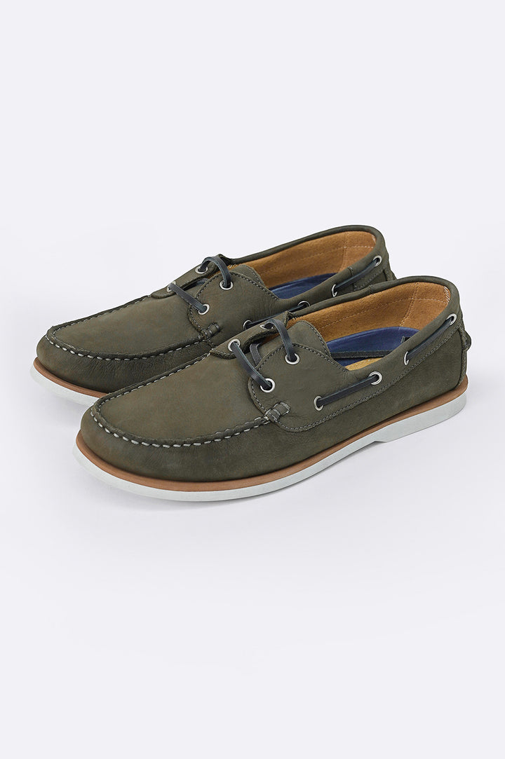 OLIVE BROWN TUMBLED LEATHER BOAT SHOES