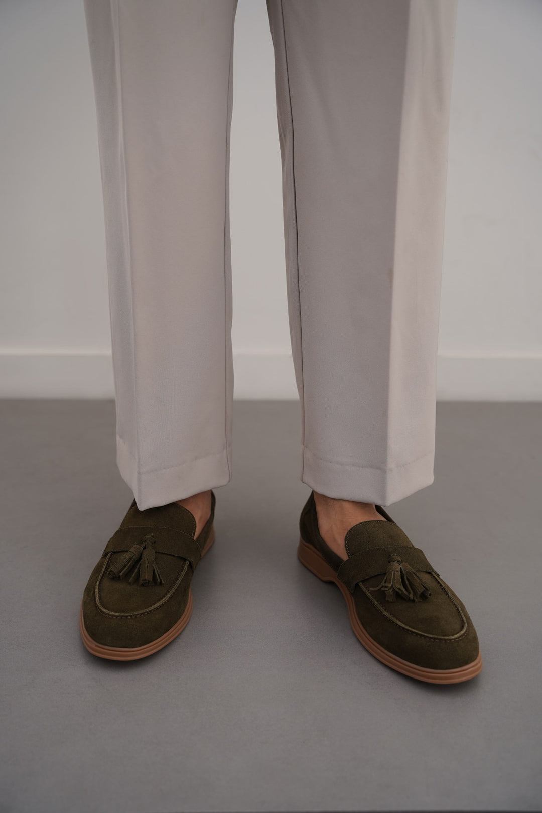 OLIVE SUEDE LEATHER TASSEL LOAFERS