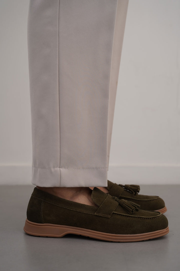 OLIVE SUEDE LEATHER TASSEL LOAFERS