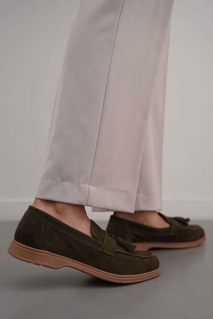 OLIVE SUEDE LEATHER TASSEL LOAFERS