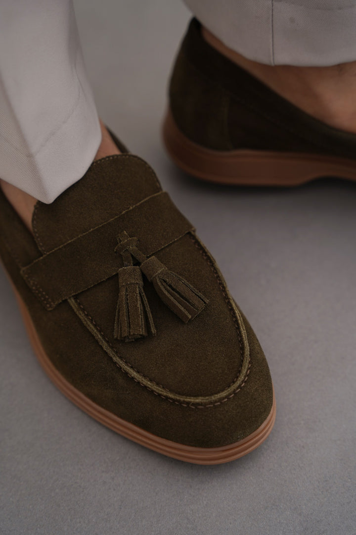 OLIVE SUEDE LEATHER TASSEL LOAFERS