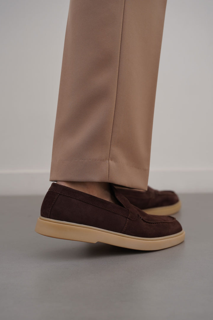 COFFEE SUEDE LEATHER SLIP-ON LOAFERS