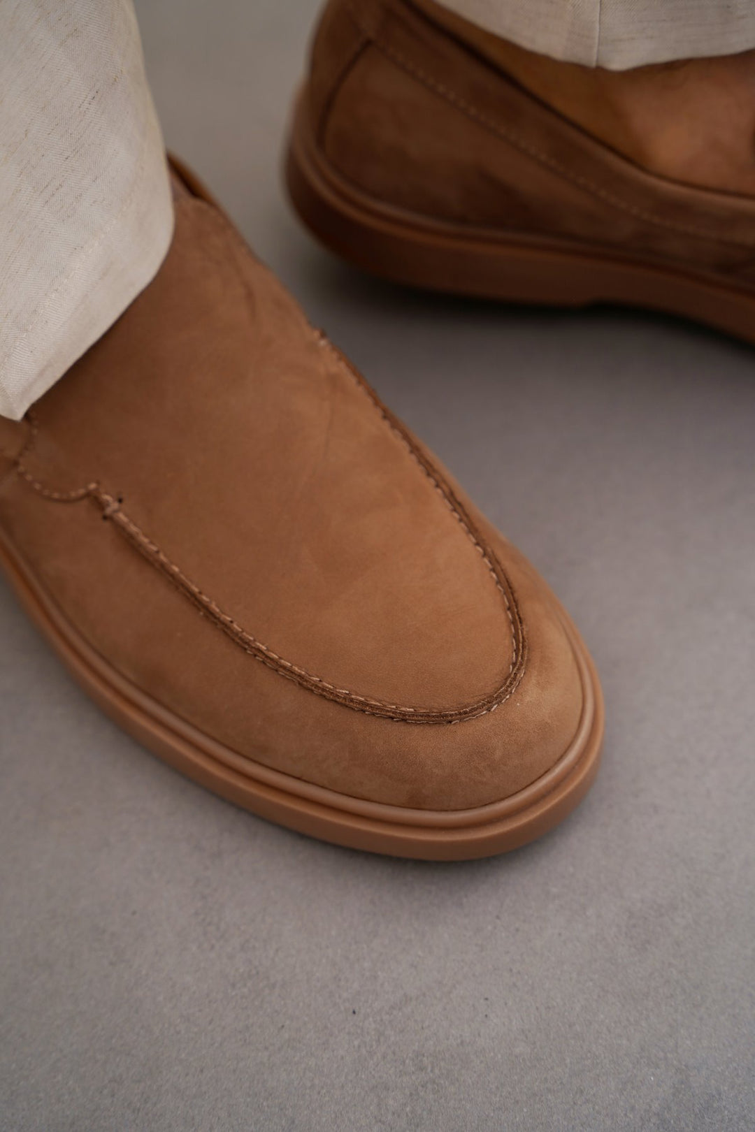 CAMEL NUBUCK LEATHER SLIP ON LOAFERS