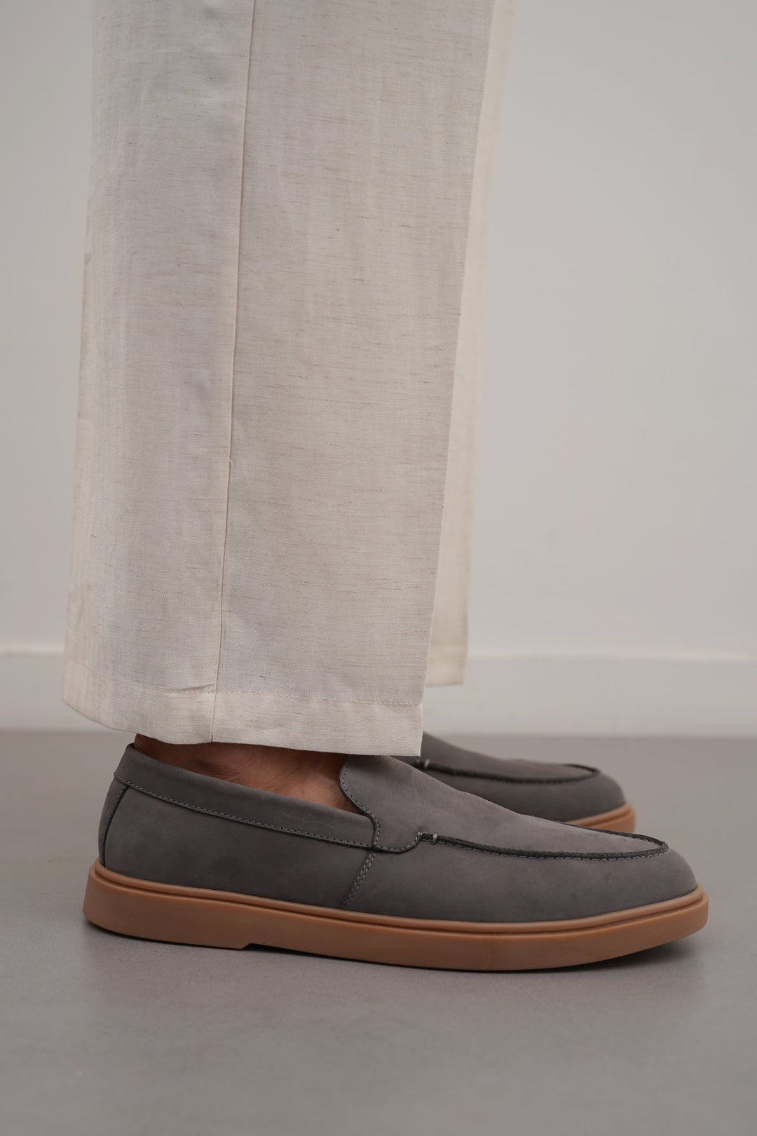 GREY NUBUCK LEATHER SLIP ON LOAFERS