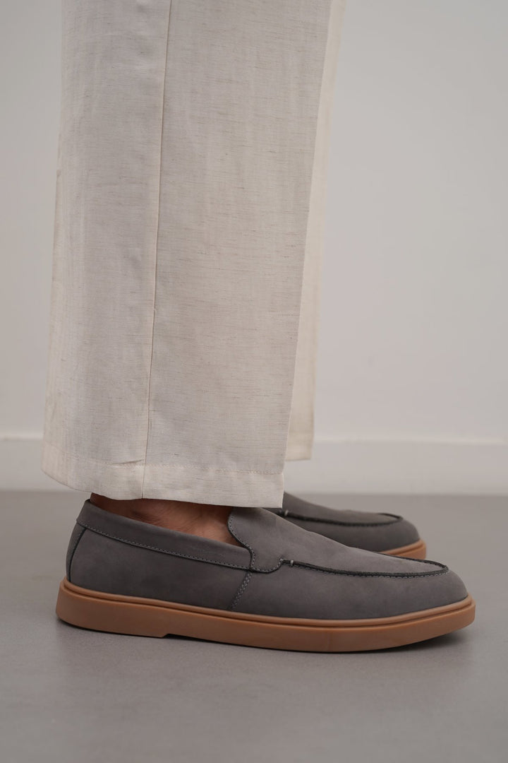 GREY NUBUCK LEATHER SLIP ON LOAFERS