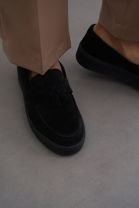 BLACK SUEDE LEATHER TASSEL LOAFERS