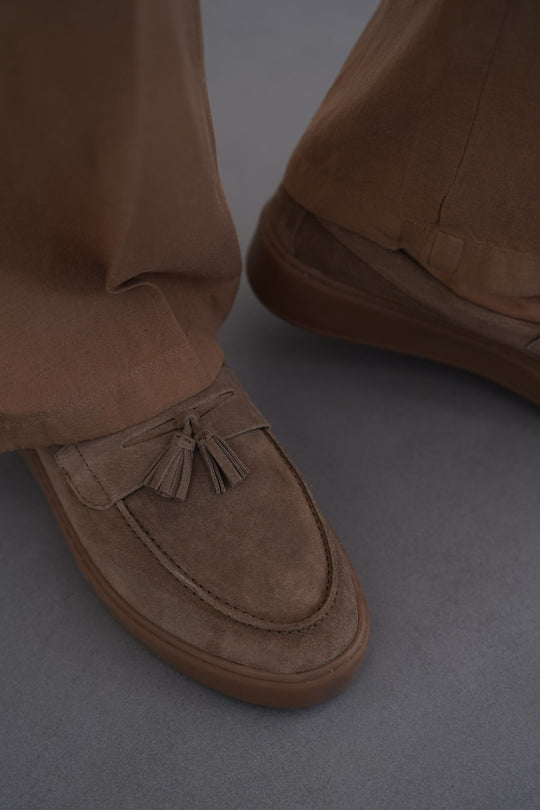 TAUPE SUEDE LEATHER TASSEL LOAFERS