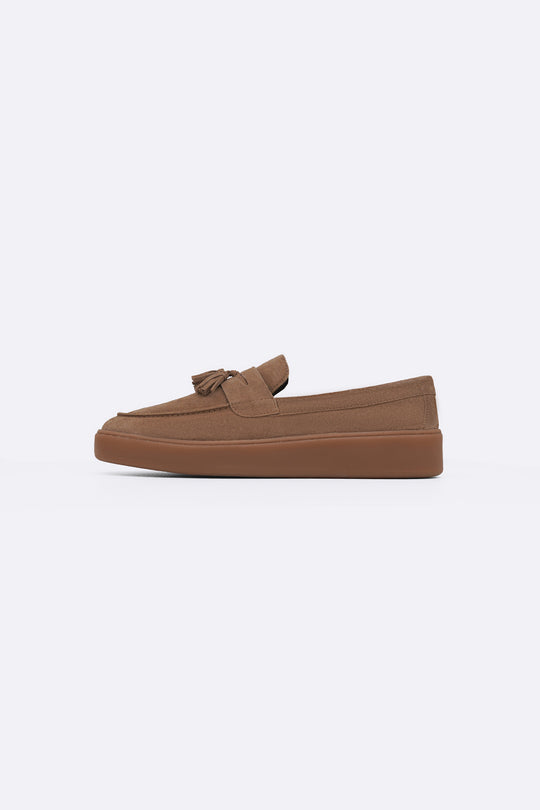 TAUPE SUEDE LEATHER TASSEL LOAFERS