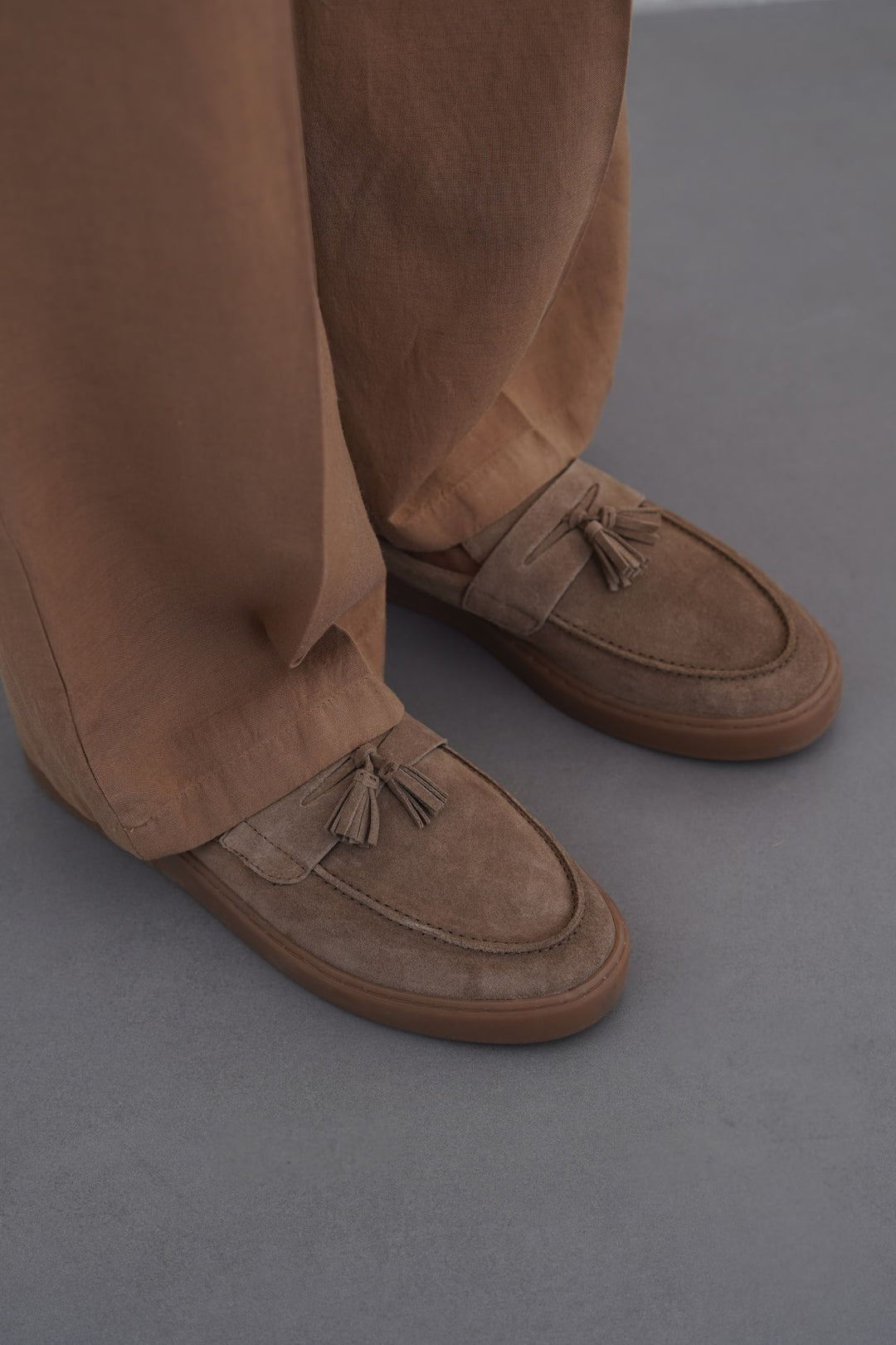 TAUPE SUEDE LEATHER TASSEL LOAFERS