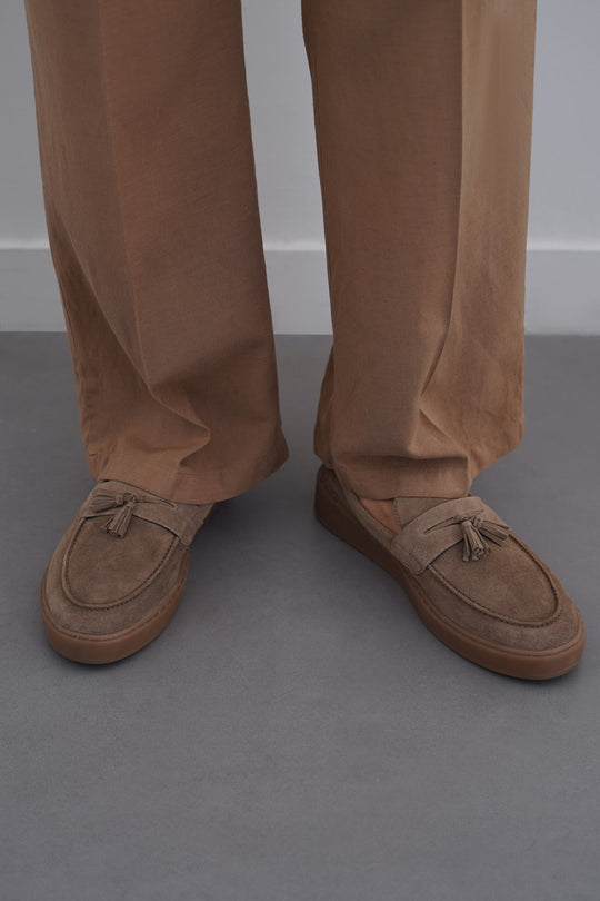 TAUPE SUEDE LEATHER TASSEL LOAFERS