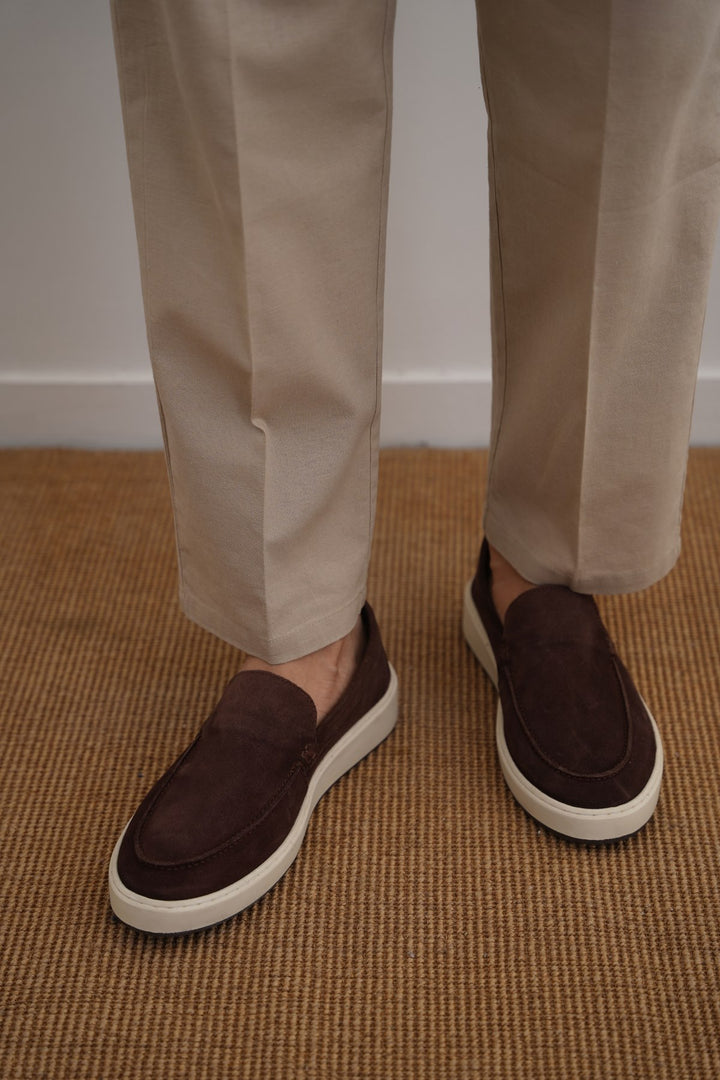 COFFEE SUEDE LEATHER SLIP ON LOAFERS